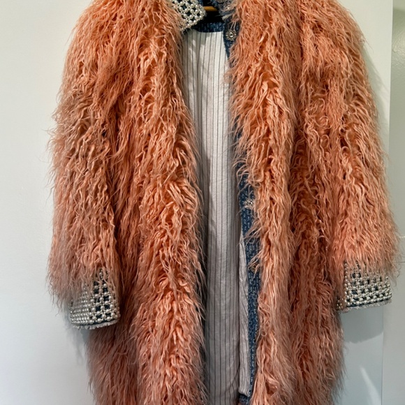 Laurence & Chico Pink Faux Fur Jacket Pearl Denim women's size S unique - Picture 7 of 12